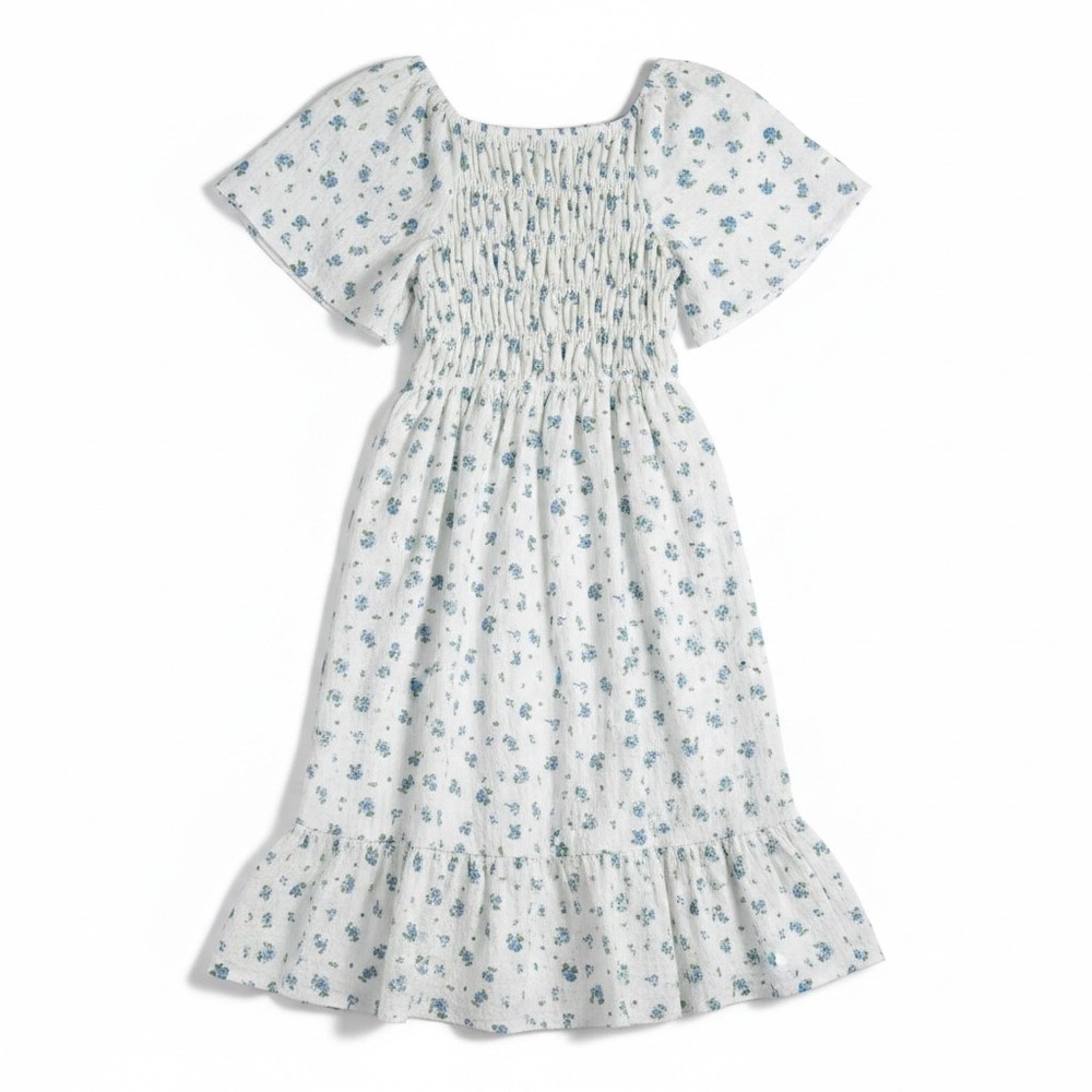 Cottagecore Floral Midi Dress White Blue Girls XL Smocked Ruffle Ditsy Floral